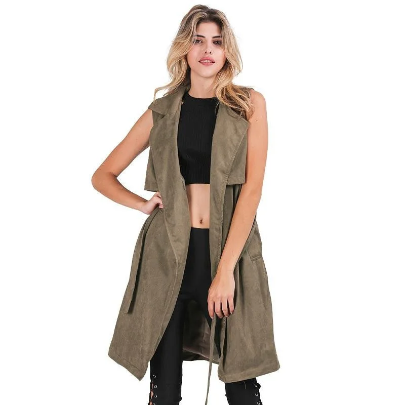 Women’s cardigan coats for cozy wear -Army Green Suede Trench Coat Vest Waistcoat Jacket Celebrity Style