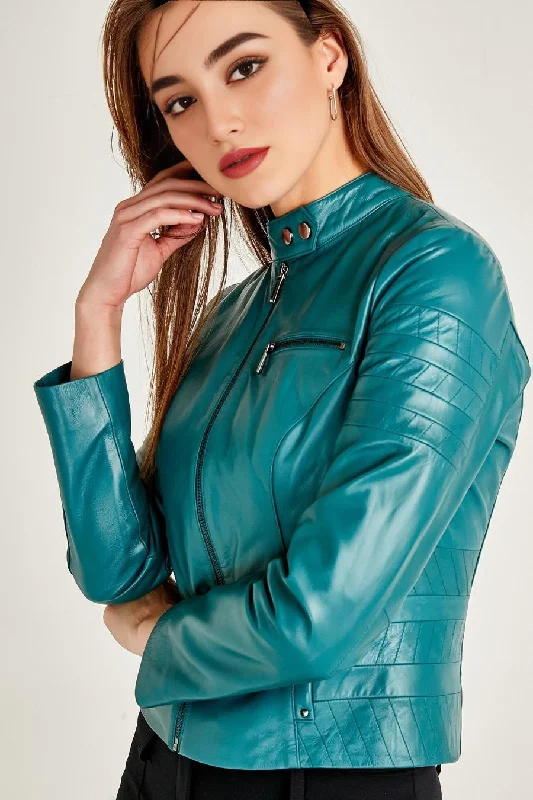 Women’s military jackets for stylish utility -Azure Stylish Blue Leather Jacket For Women