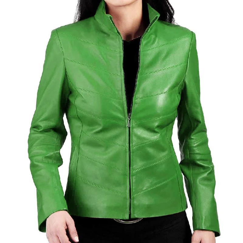 Women’s trench coats for stylish layering -Women Quilted Slim Fit Green Leather Jacket