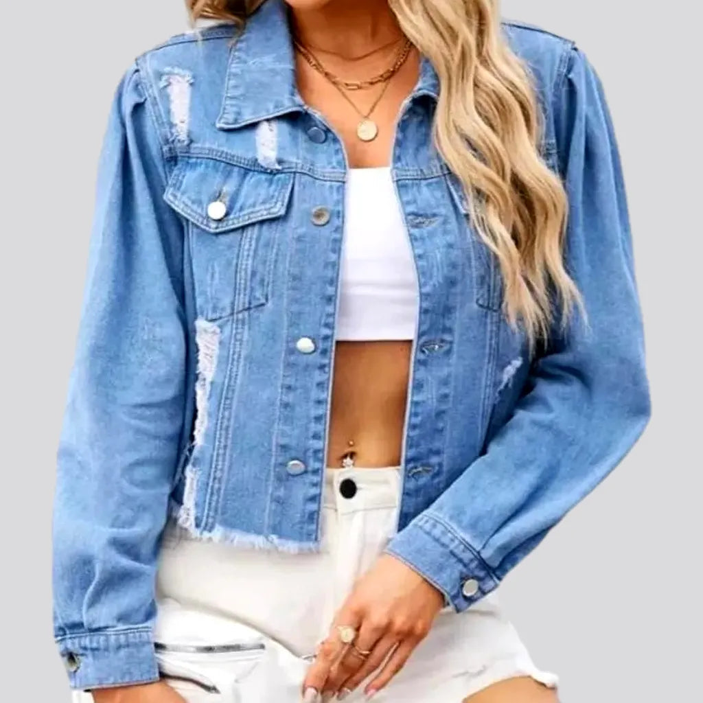 Women’s moto jackets for tough style -Light-wash distressed denim jacket