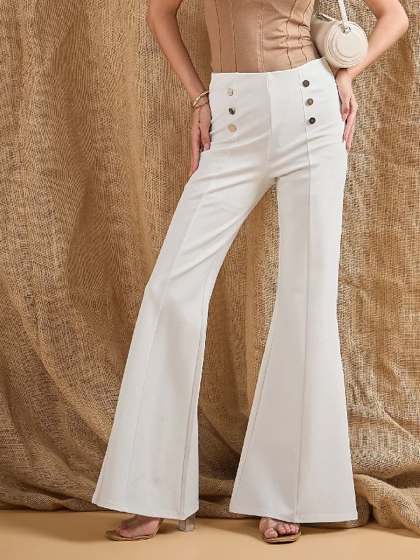 Women’s pleated trousers for office wear -Women White Front Button Flared Bell Bottom Pants