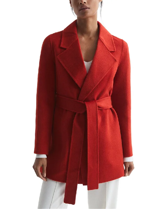 Women’s mock-neck coats for added warmth -Reiss Amalia Belted Blind Seam Short Wool-Blend Coat