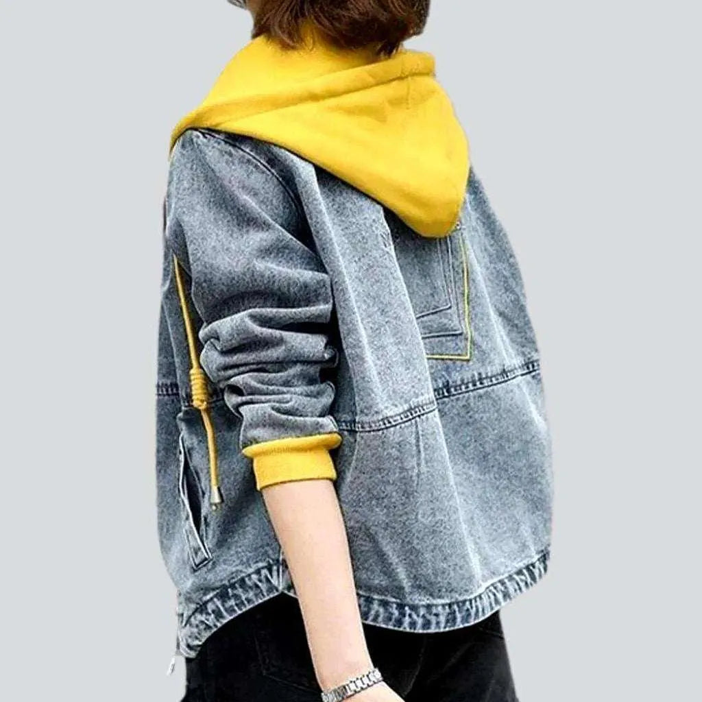 Women’s rainproof jackets for wet conditions -Yellow hoody embroidered denim jacket