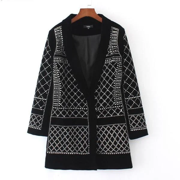 Women’s faux suede jackets for stylish appeal -Geometric Pattern Rhinestone Blazer