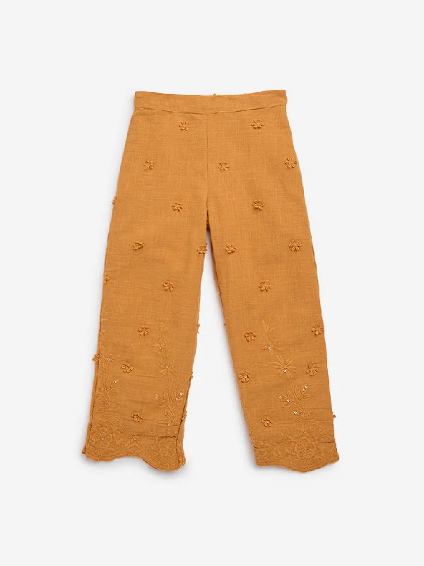 Women’s straight-leg pants for versatile outfits -HOP Kids Mustard Embroidered High-Rise Cotton Trousers