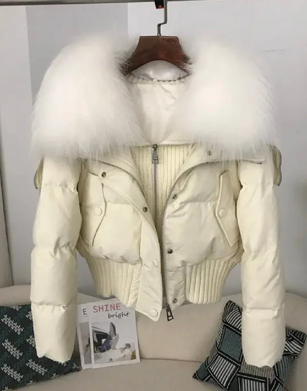 Women’s sleeveless jackets for layering -Luxe Warmth: Short women's duck down jacket with Natural fur - Stylish Winter Comfort