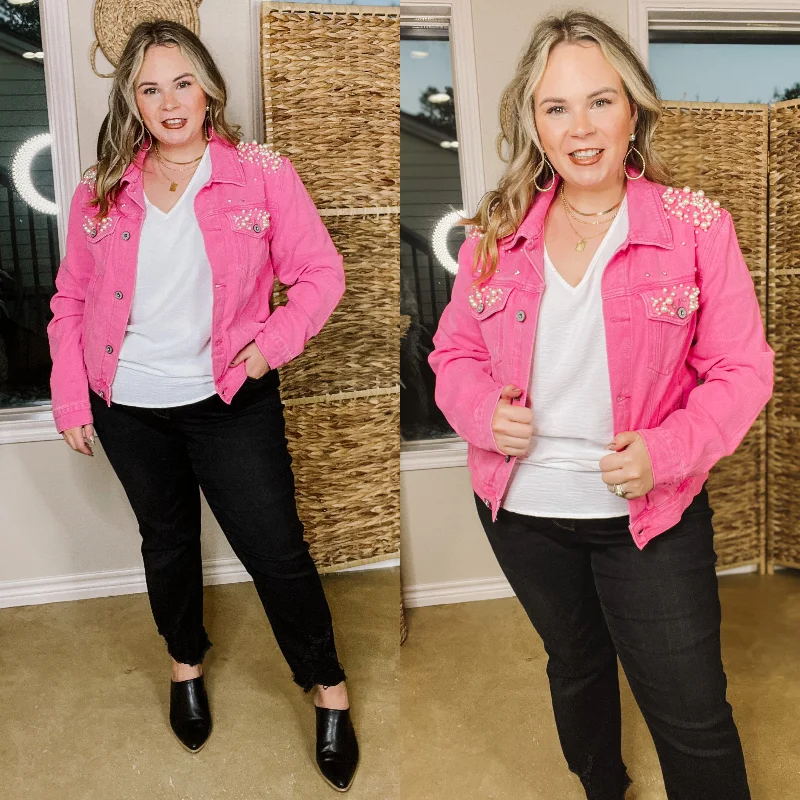 Women’s sporty jackets for active wear -Dreams And Desires Button Up Denim Jacket with Pearls and Crystals and Hot Pink