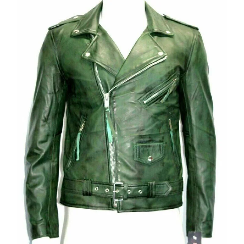 Women’s fur coats for luxurious warmth -Spread Collar Green Leather Jacket