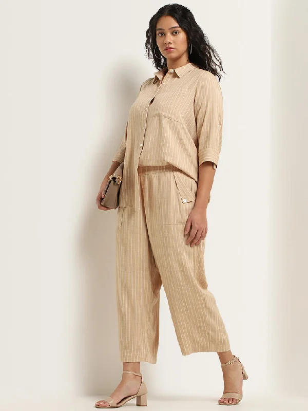 Women’s linen pants for lightweight comfort -Gia Beige Striped High Rise Blended Linen Pants