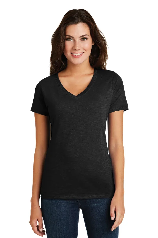 Women’s knit tops for textured style -District Womens Super Slub Short Sleeve V-Neck T-Shirt - Black - Closeout