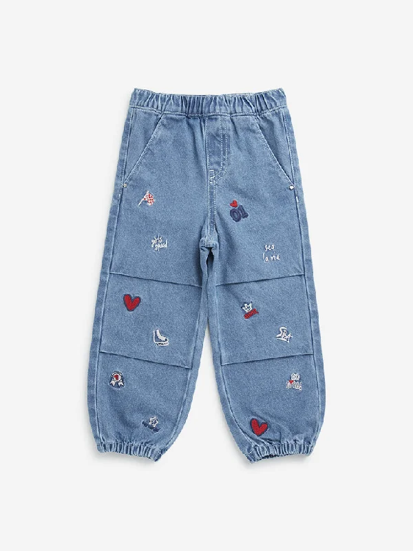 Women’s faux fur pants for winter warmth -HOP Kids Blue Heart Embroidered High-Rise Denim Joggers