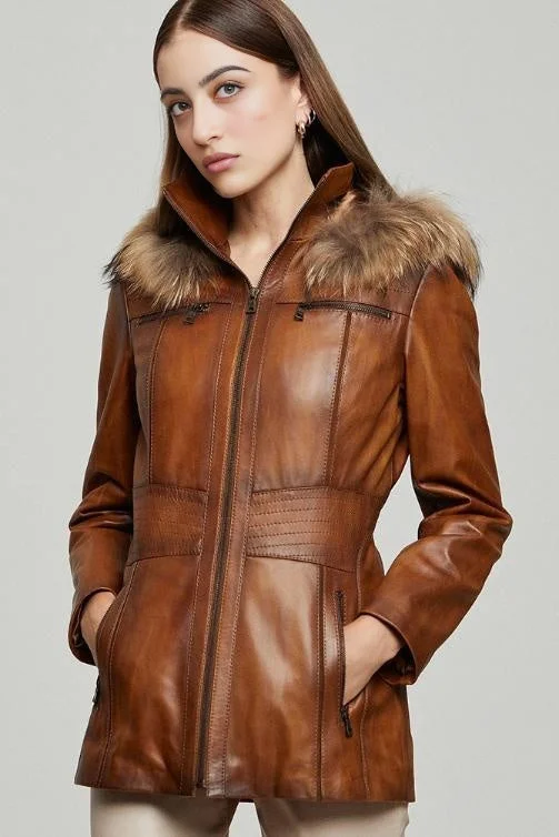 Women’s shearling jackets for cozy comfort -Ariana Women’s Leather Jacket with Faux Fur Hood - Brown