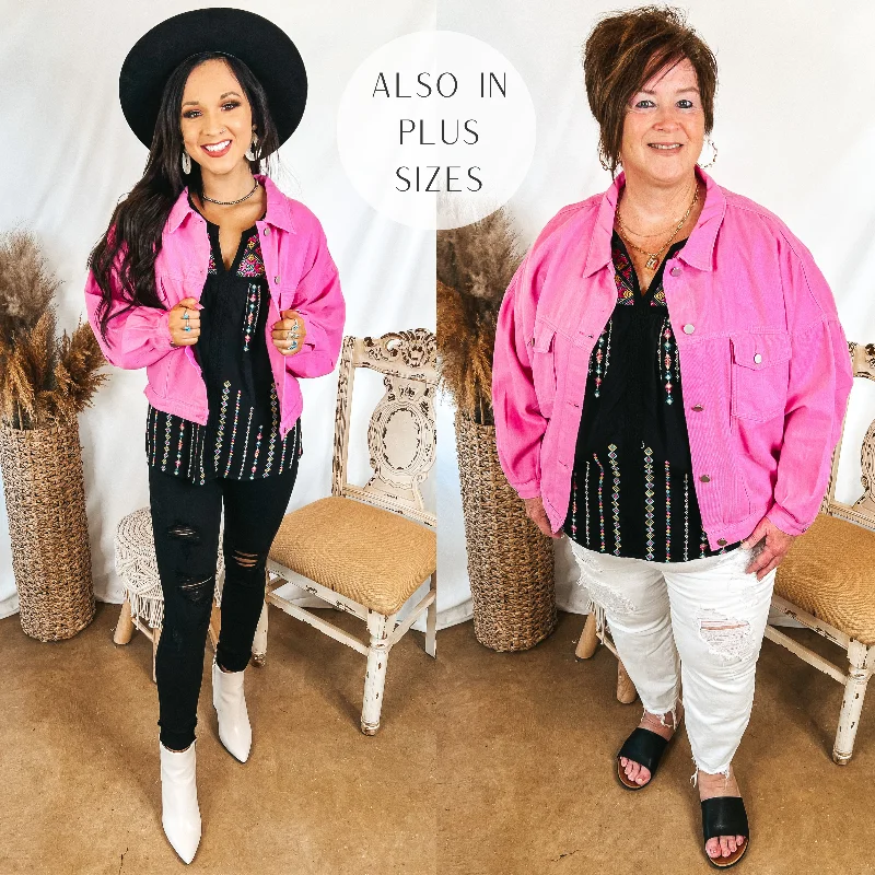 Women’s asymmetrical jackets for modern flair -Very Confident Button Up Cropped Denim Jacket in Hot Pink