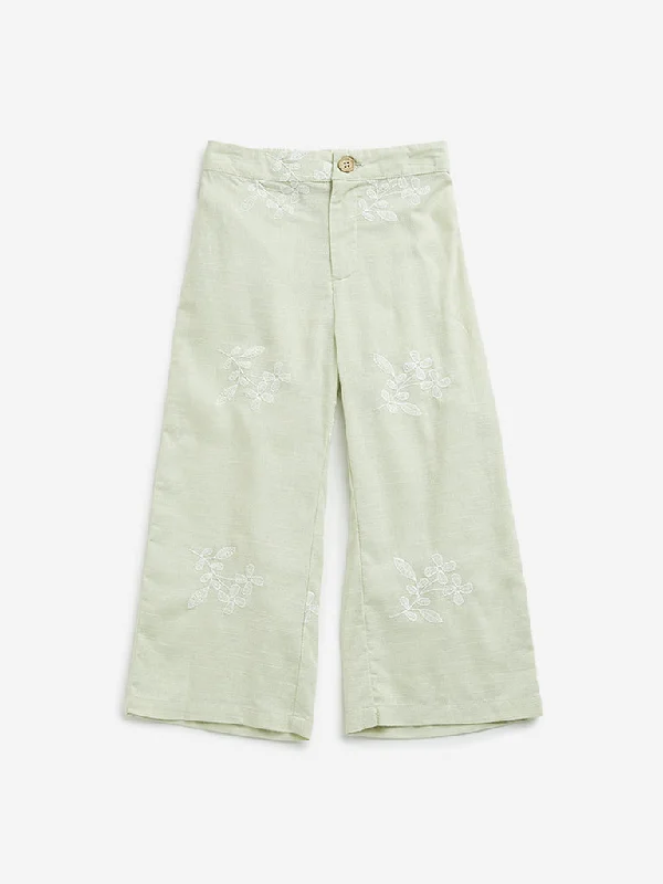 Women’s tuxedo style pants for formal events -HOP Kids Sage Mid Rise Embroidered Blended Linen Pants