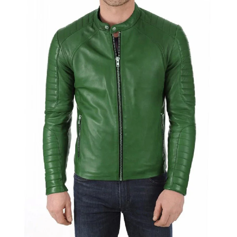 Women’s bomber jackets for casual style -Biker Slim Fit Green Leather Jacket