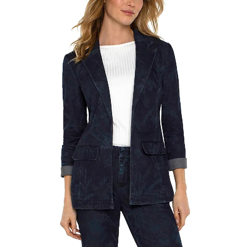 Women’s structured blazers for office wear -Womens Printed Denim Open-Front Blazer