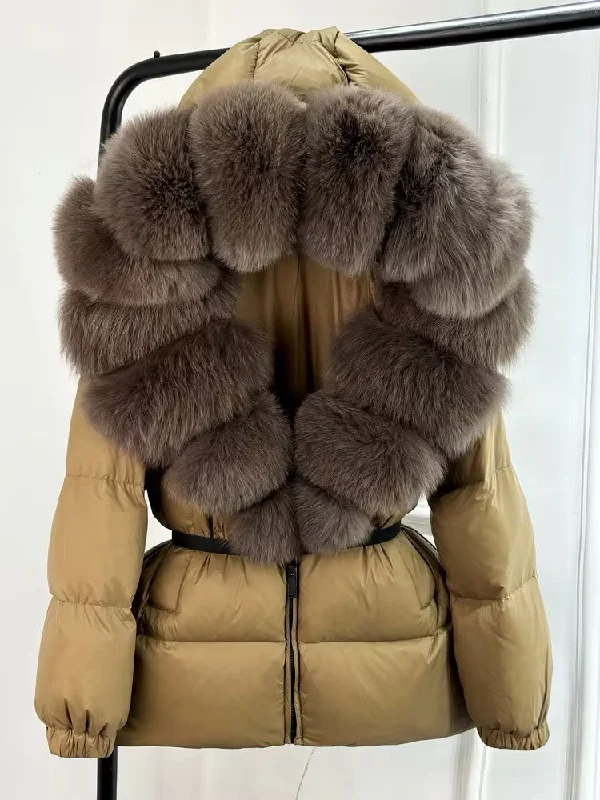 Women’s parka coats for winter fashion -Luxury Women's Duck Down Jacket with Natural Fur - Ultimate Winter Warmth