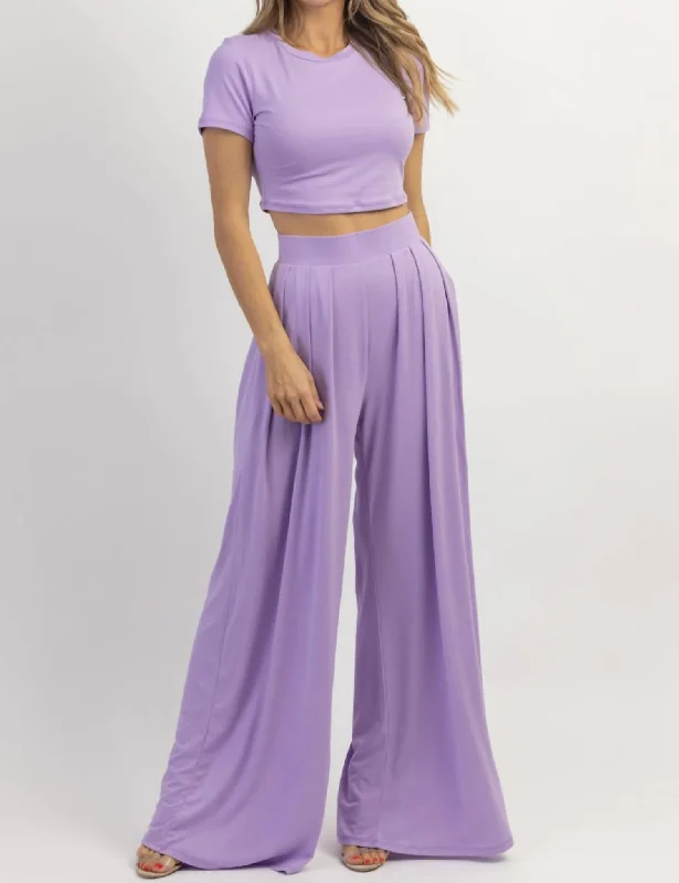 Women’s cropped pants for warm weather -Butter Soft Palazzo Pant Top Set In Lilac