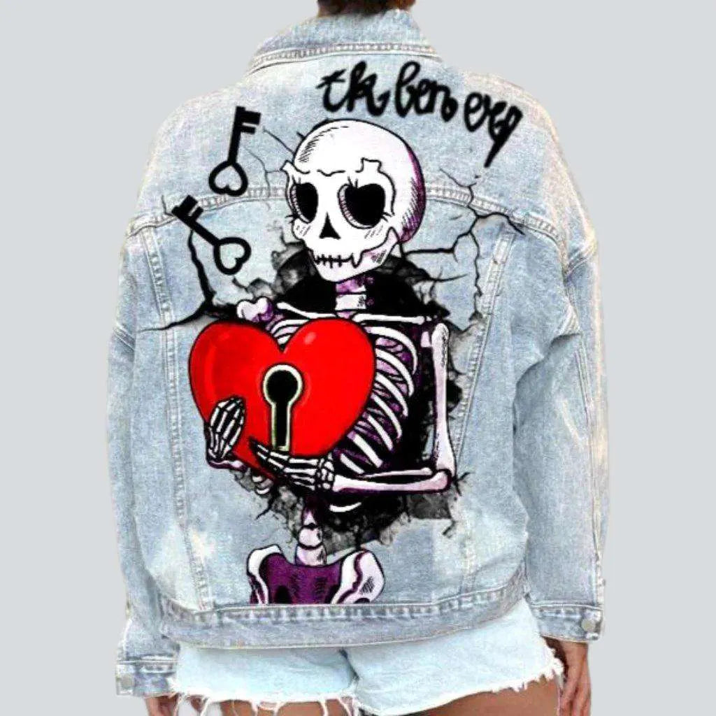 Women’s long sleeve jackets for cooler weather -Skull print women's jean jacket