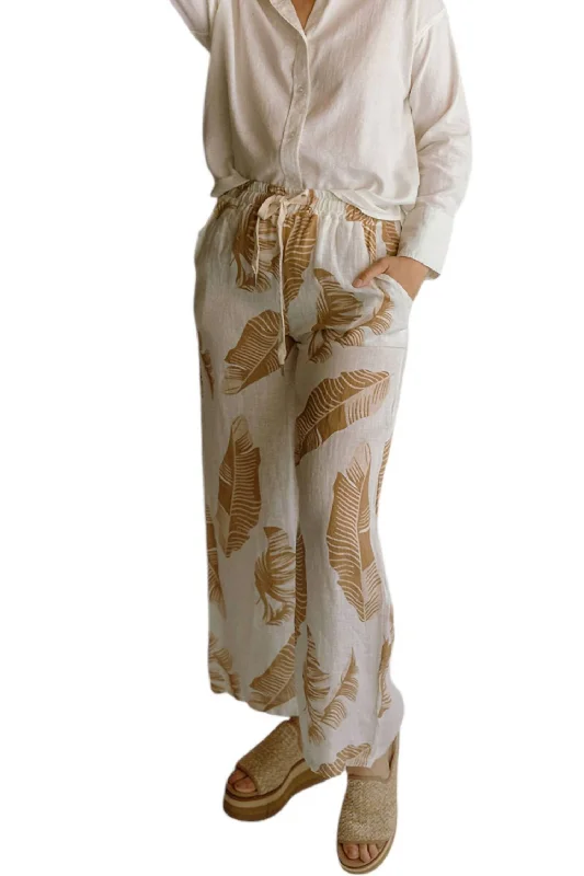 Women’s track pants for sporty chic -Palm Print Linen Pants In Beige