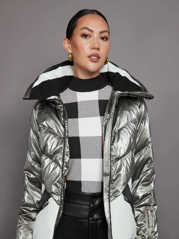 Women’s athletic outerwear for fitness wear -Ski Duvet Jacket - Snow White/ Silver