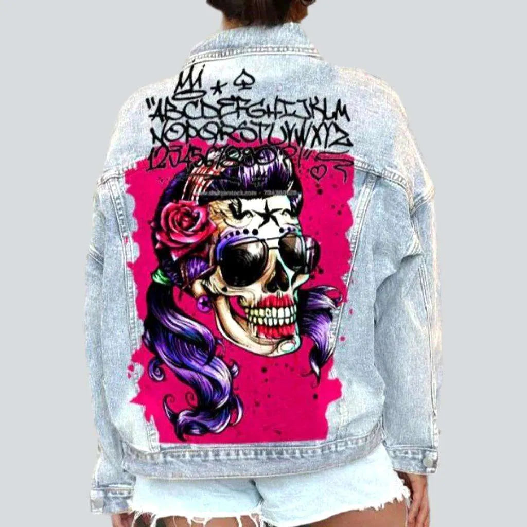 Women’s denim outerwear for casual fashion -Painted skull print jeans jacket
 for women