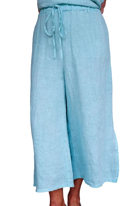 Women’s ankle pants for modern look -Side Slit Crop Wide Leg Linen Pants In Tiffany Blue