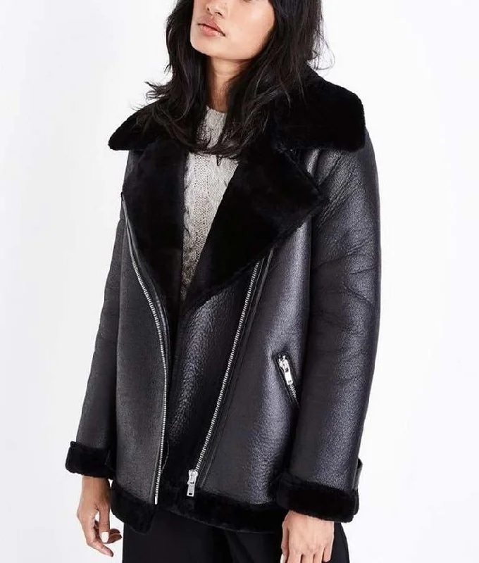 Women’s pea coats for timeless elegance -Women's Black Leather Shearling Jacket