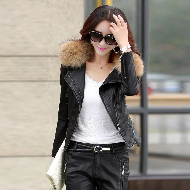 Women’s cargo jackets for utility fashion -Slim short design motorcycle Faux leather jackets