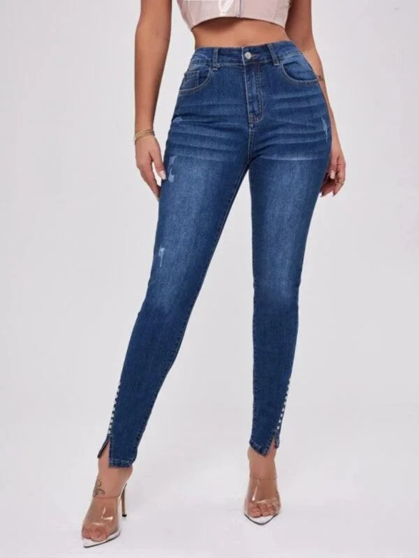 Women’s low-rise jeans for casual outfits -Women's Beaded Slit Jeans