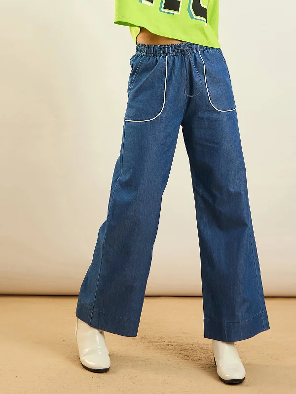 Women’s button-front pants for easy wear -Women Blue Tencel Contrast Piping Detail Pants