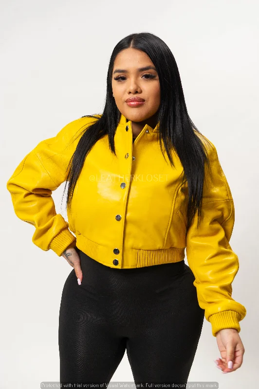 Women’s belted coats for flattering shape -Women's Crop Leather Varsity Jacket [Yellow]