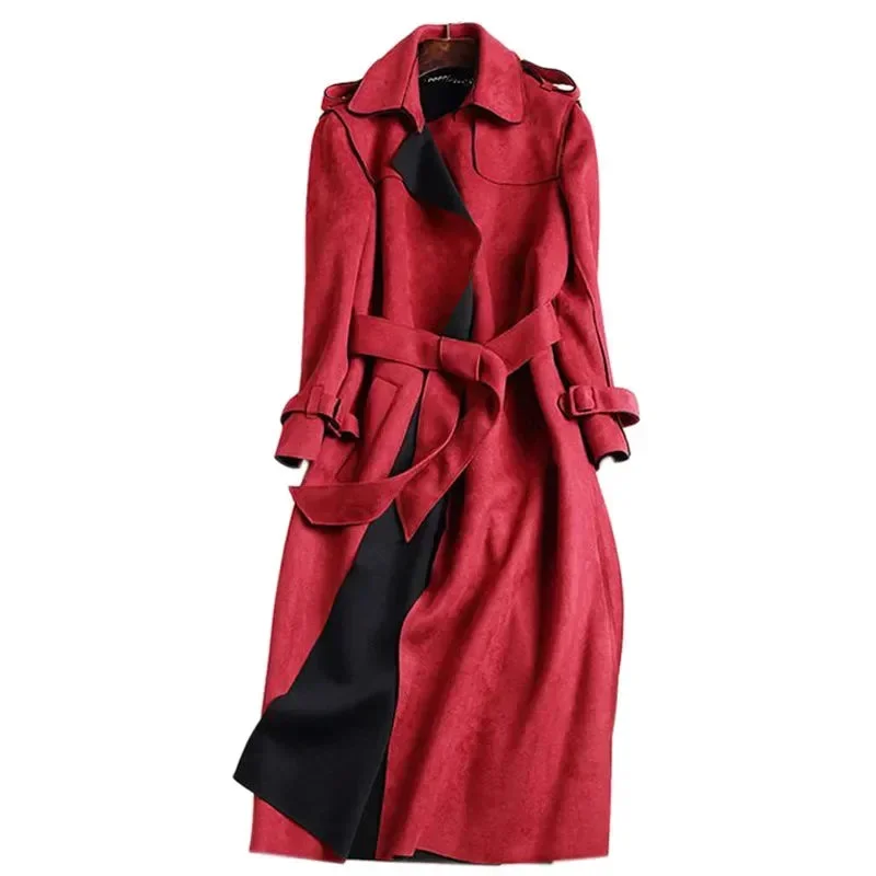 Women’s tailored blazers for formal occasions -New Autumn Suede Trench Coat Women Abrigo Mujer Long Elegant Outwear Female Overcoat Slim Red Suede Cardigan Trench C3487