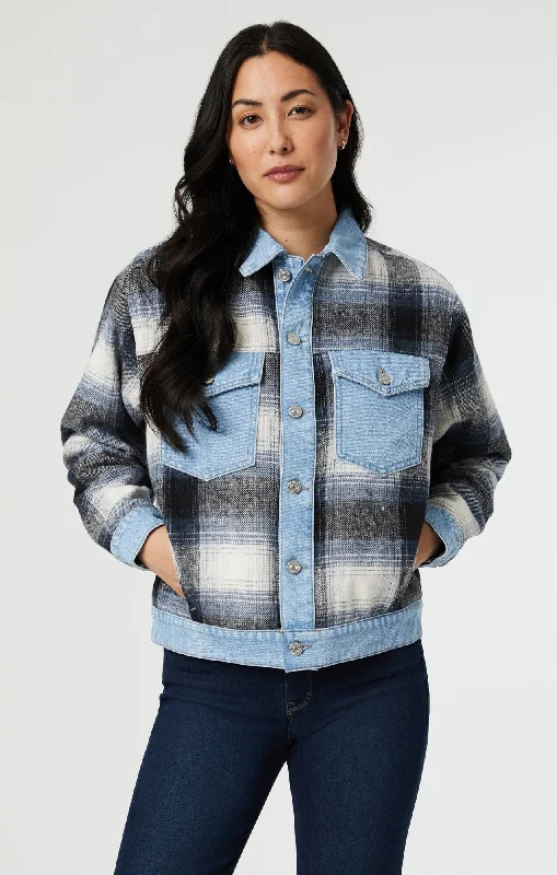 Women’s sleeveless jackets for layering -NELLIE JACKET IN GREY PLAID