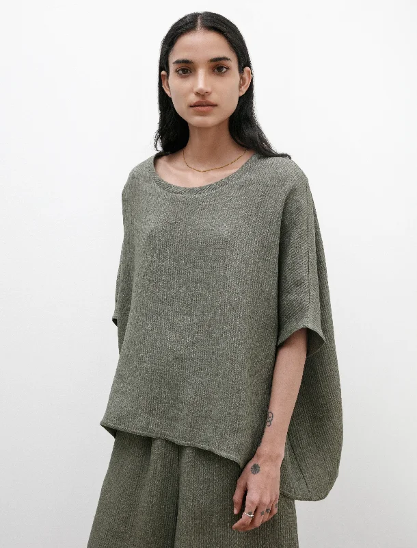 Women’s t-shirt tops for relaxed fashion -Easy T-Shirt Wave Linen Military Green