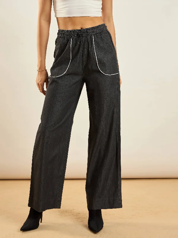 Women’s checkered pants for trendy look -Women Black Tencel Contrast Piping Detail Pants