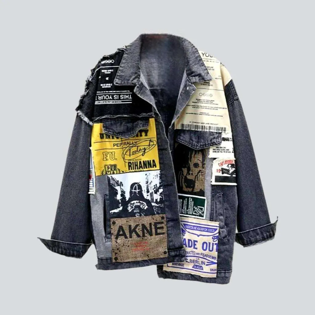 Women’s outdoor parkas for cold weather -Poster print patchwork denim jacket