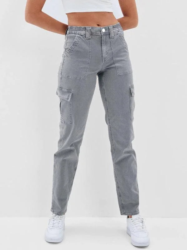 Women’s tapered pants for sleek silhouette -Washed Women's Cargo Denim Jeans