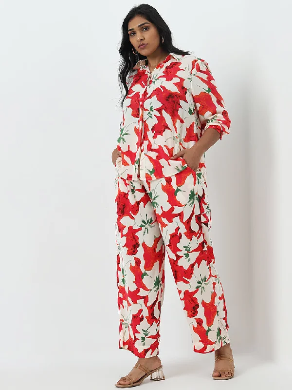 Women’s harem pants for boho chic look -Gia Red Floral Printed High-Rise Pants