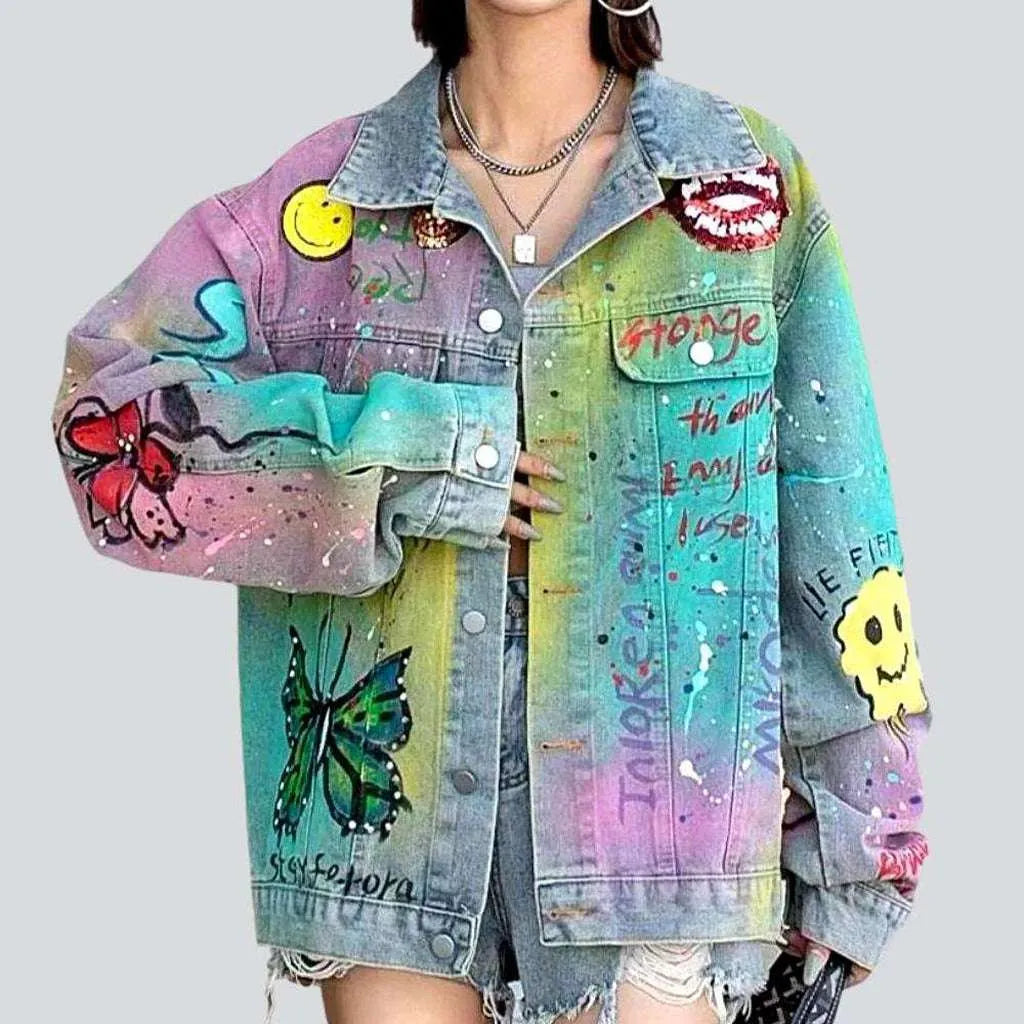 Women’s sleeveless jackets for layering -Neon stains painted denim jacket