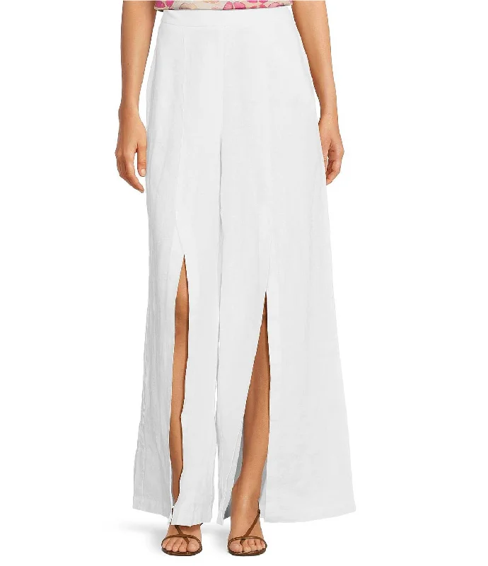 Women’s casual pants for weekend style -Linen Front Slit Pant In White