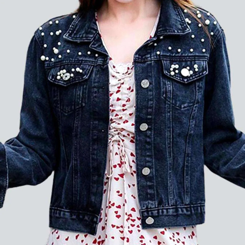 Women’s corduroy jackets for retro style -Embellished shoulders women's denim jacket