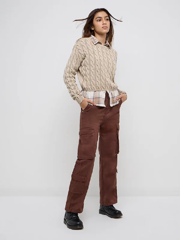 Women’s cropped leggings for active wear -Y&F Kids Brown Cargo-Style High-Rise Cotton Trousers