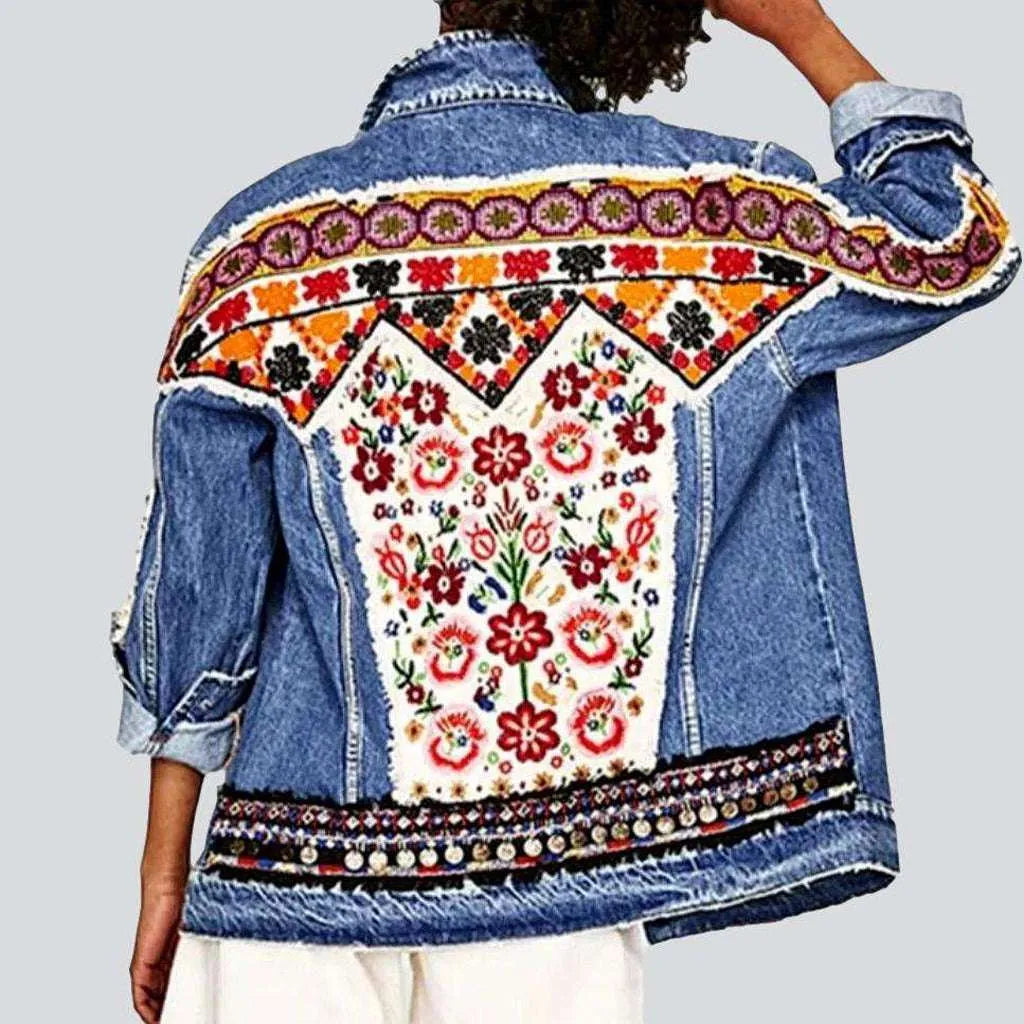 Women’s short coats for versatile wear -Gypsy lady patchwork denim jacket