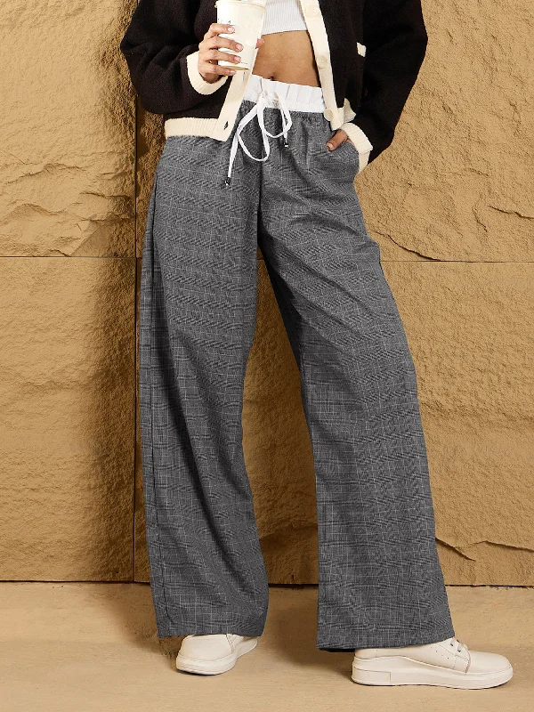 Women’s tuxedo pants for formal wear -Women Black & Grey Check Contrast Paperback Waist Pants