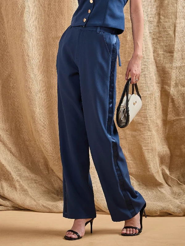 Women’s dress pants for formal occasions -Women Airforce Blue Straight Fit Side Tape Pants