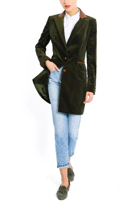 Women’s reversible jackets for versatile wear -Long blazer from olive cashmere-corduroy