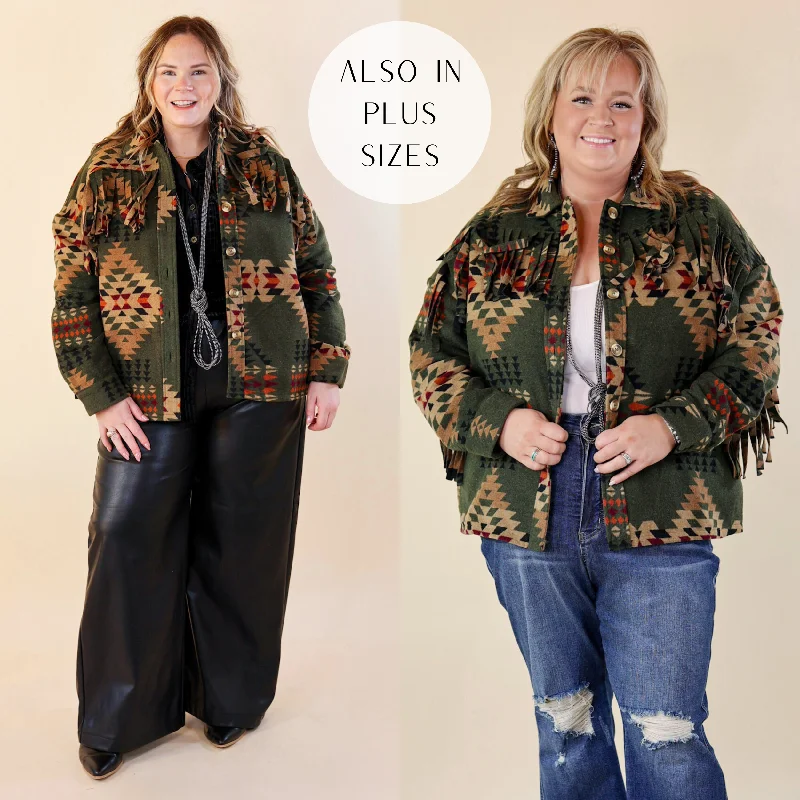 Women’s sherpa jackets for warm, fuzzy comfort -Take Over Aztec Print Button Up Jacket with Fringe in Olive Green