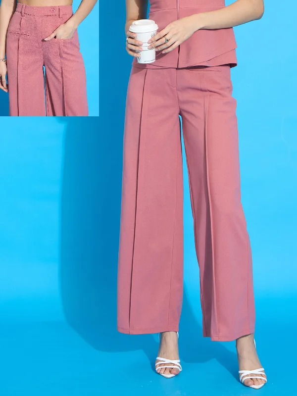 Women’s bootcut pants for versatile fashion -Women Peach Front Pleated Straight Fit Trousers