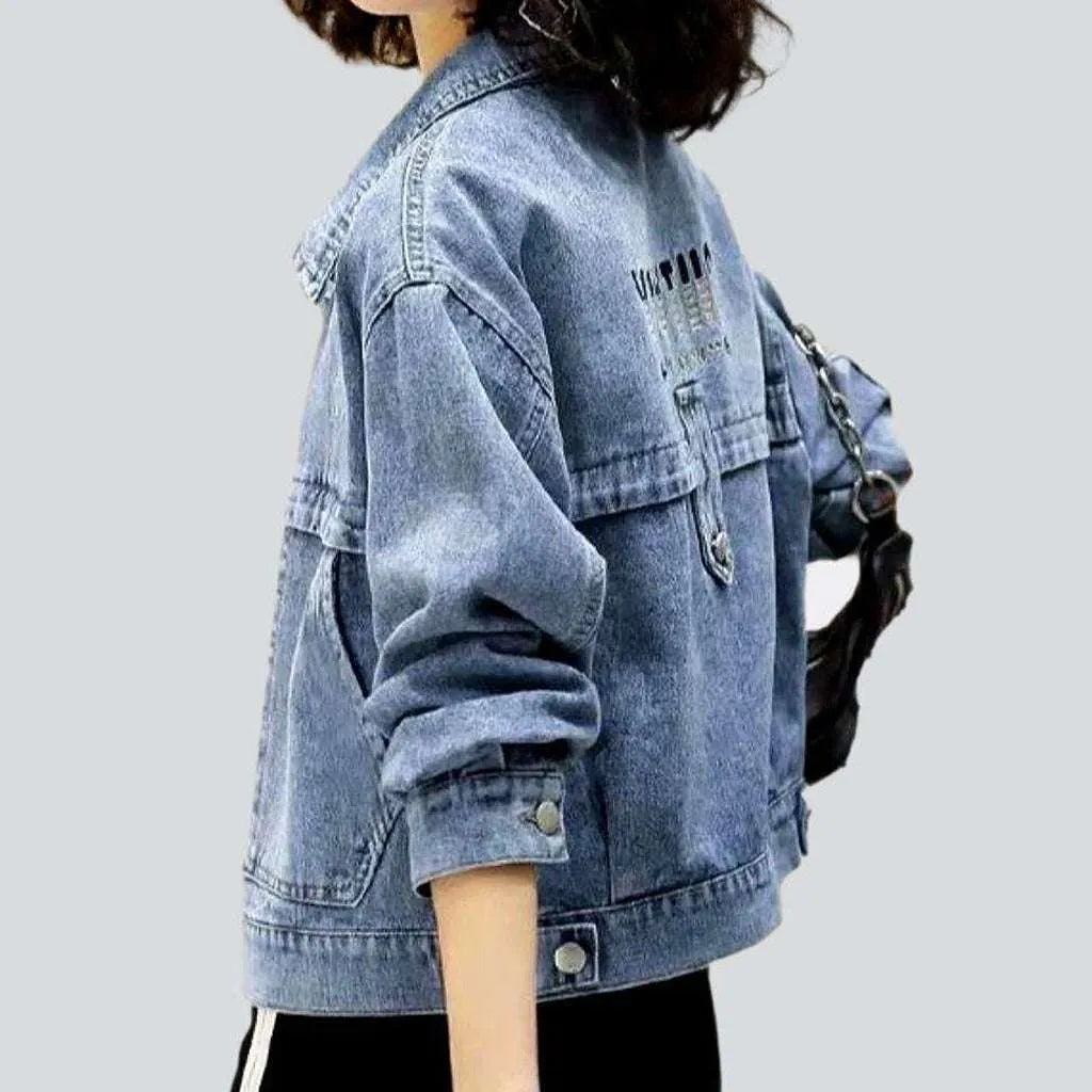 Women’s asymmetrical jackets for modern flair -Back embroidery women's denim jacket